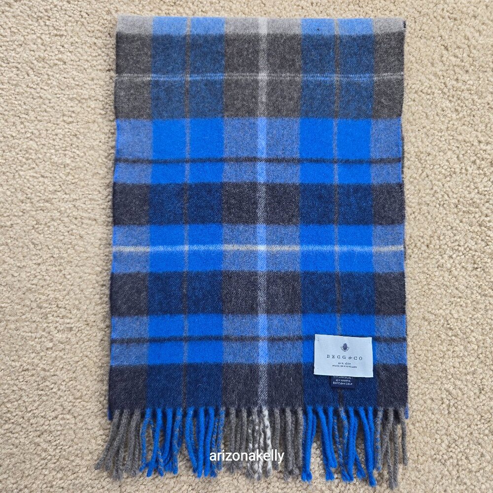 NWOT Begg x Co Scarf Lambswool Angora Blue Plaid Fringe Luxury Scotland